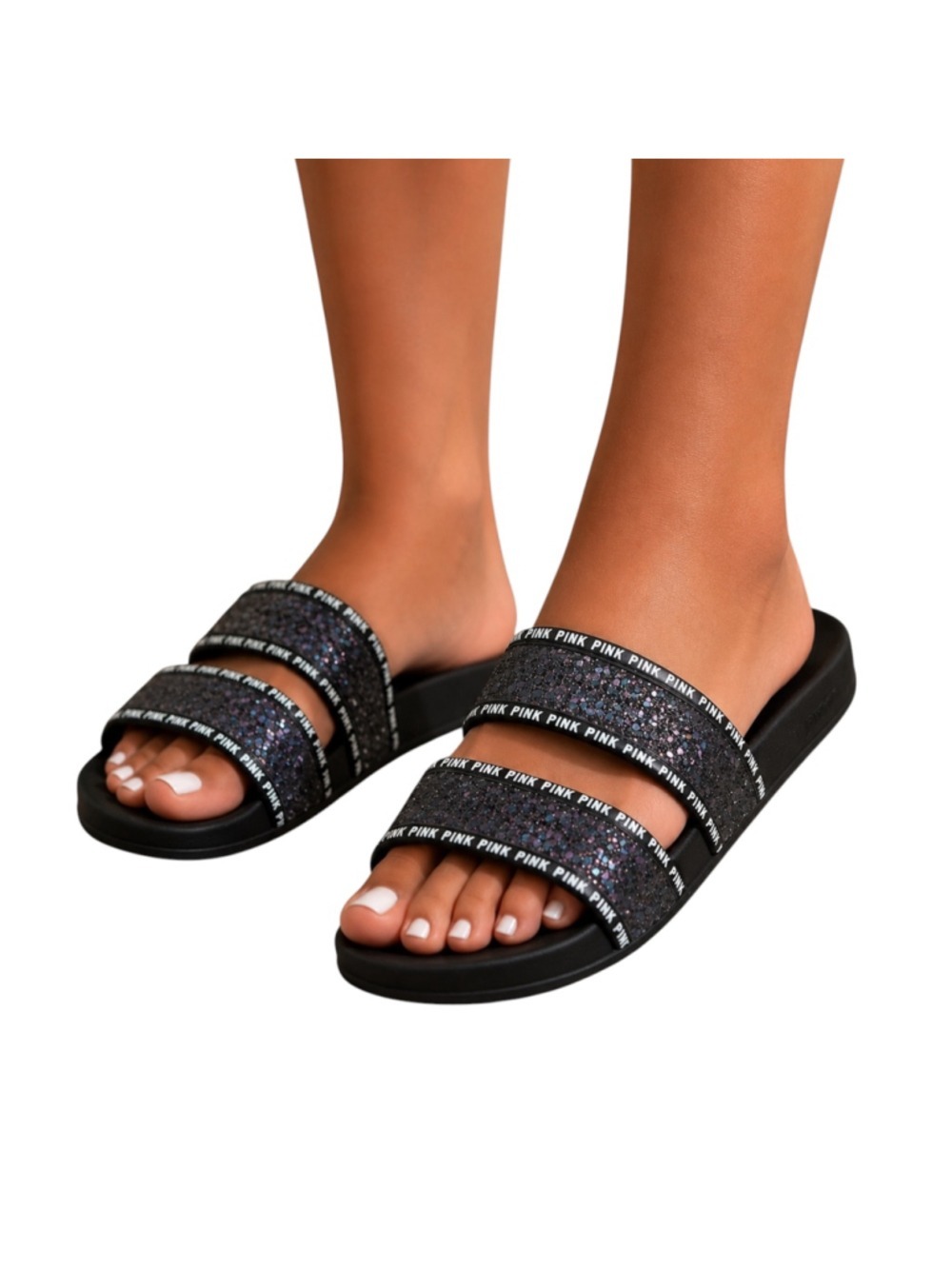 Victoria’s Secret PINK Double Strap Glitter Slide Sandals Black Women’s Medium (